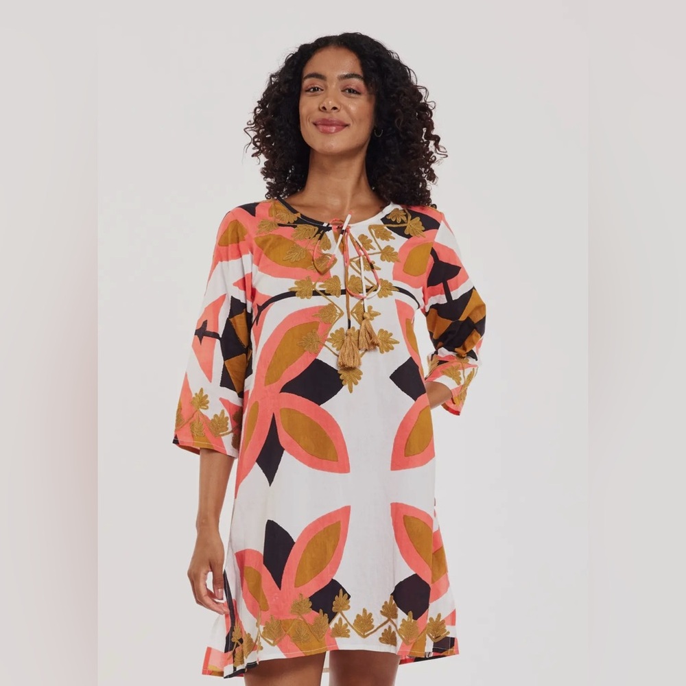 MODA POSA Elina Pink Black and Gold Long Sleeve Embroidered Dress M